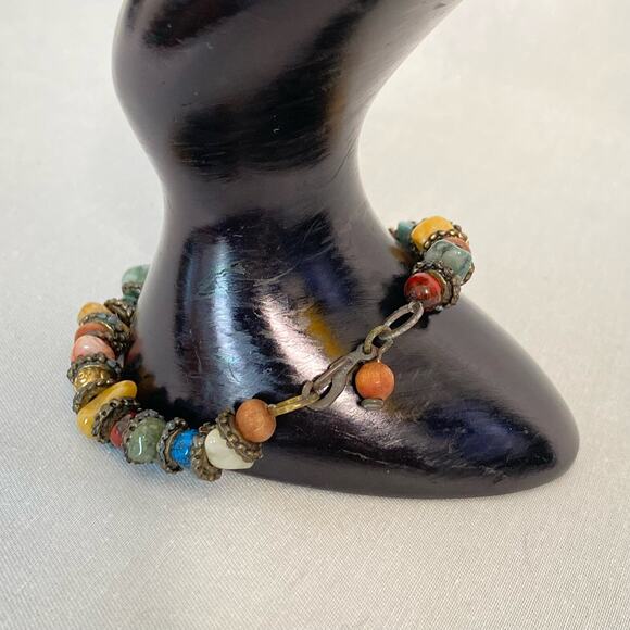 Artisan Bracelet Multicolor Irregular Shaped Stones With Bronze Rondelles - Picture 1 of 10
